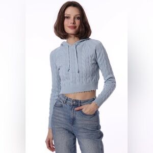 Minnie‎ Rose Cotton Cropped Frayed Cable Hoodie Small